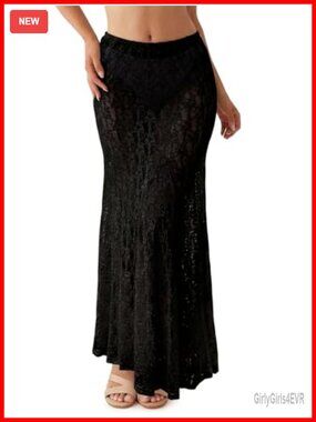 Sheer Lace Maxi Skirt High Waist A-Line Flowy Beach Cover Up